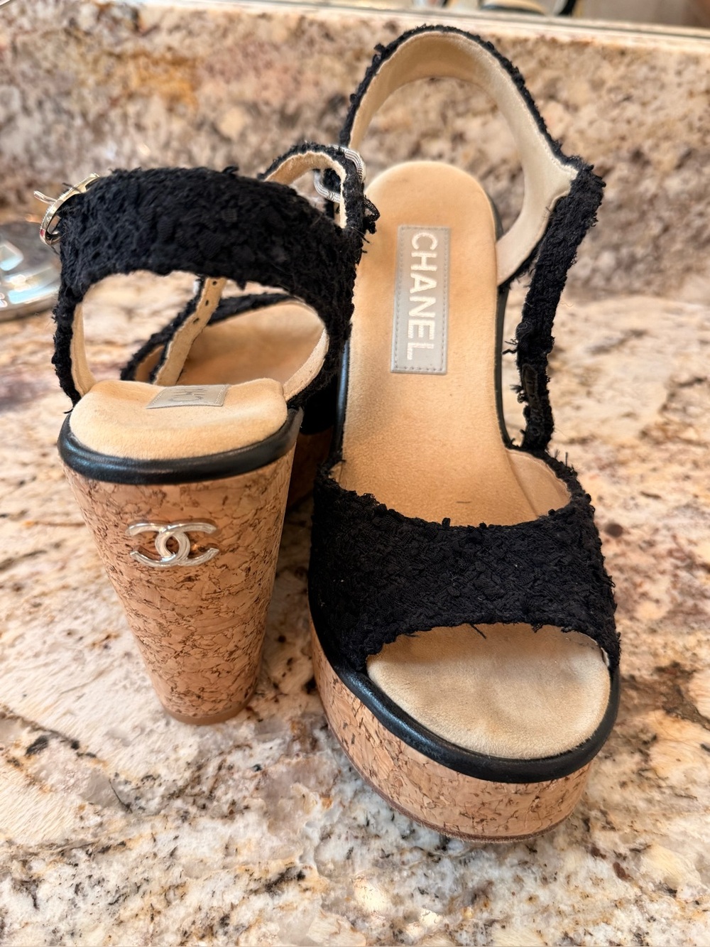 Chanel Cork Wedge platform cork Sandals Tweed CC Logo Slingback Size 38.5